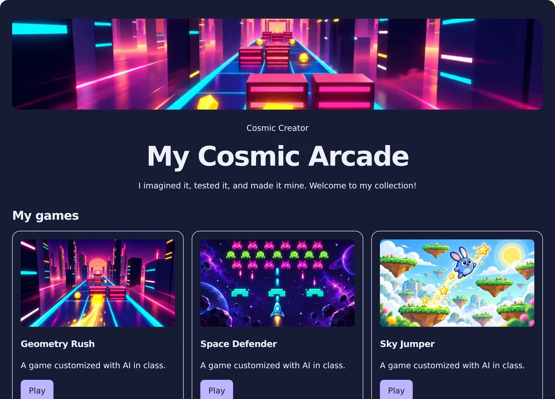 Sample finished student website with colorful game thumbnails and AI artwork