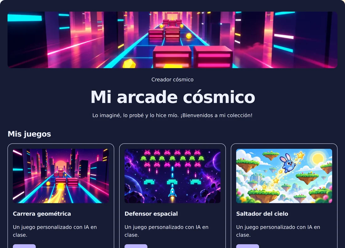 Sitio web estudiantil de ejemplo con miniaturas de juegos e imágenes creadas con IA